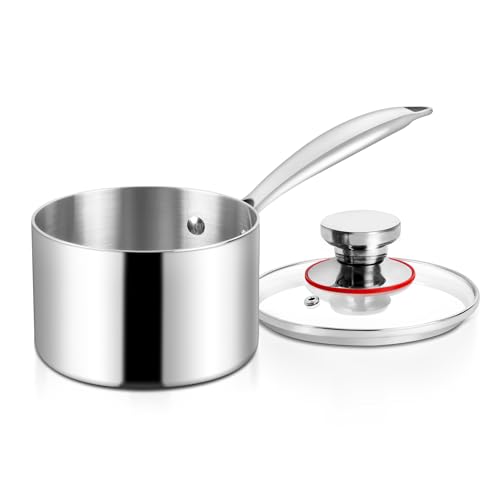 Herogo Edelstahl-Kochtopf 16 cm, 1,7 l Saucenpfanne mit Glasdeckel, dreilagiger Milchtopf, ergonomischer Griff, Induktionskochen, leicht zu reinigen