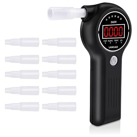 LAMJAD Breathalyser, alcohol tester with 10 mouthpieces, alarm light and LED display, portable alcohol tester for personal and professional use Cover