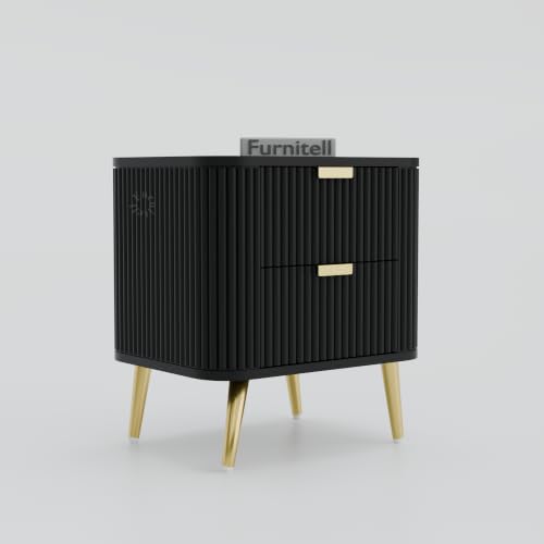 Image of Premium HDMR Wood Bedside Table with 1 Drawer & Open Storage Shelf, Fluted Nightstand with Golden Legs for Bedroom, Modern End Table, for Living Room | Black Finish, Set of 2