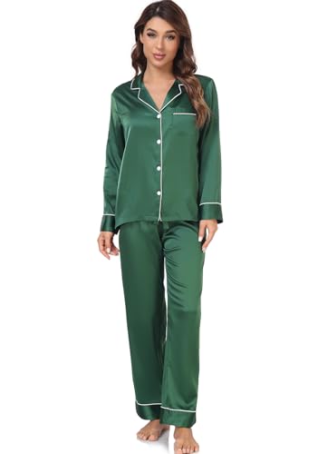 Image of Serenedelicacy Women's Satin Pajama Set Long Sleeve Button Down Sleepwear 2-Piece Silky Pj Set