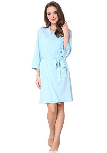 Women's Comfort Cotton Bathrobe Short Robes Sleepwear (Blue, L)