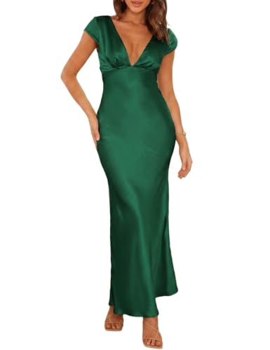 Image of Halfisland Womens Summer Satin V Neck Cap Sleeve Midi Dress Wedding Guest