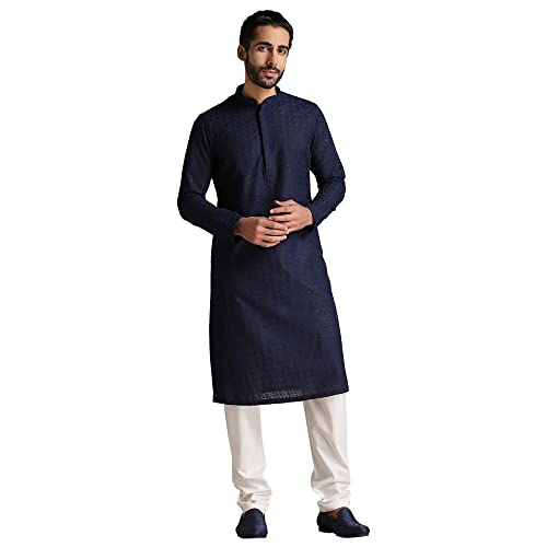 Image of Manyavar Men's Cotton Blend Self-Design Kurta Pyjama Set (2pcs)