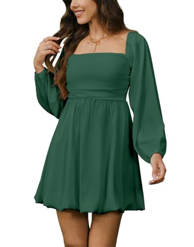 Image of HYPERFIRE Women's Square Neck Long Sleeve Bubble Mini Dress Pleated Smocked A Line Wedding Dresses