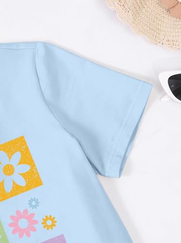 Image of Girls Graphic Tees Summer Short Sleeve Tops Casual Cute Flower Shirt Blue 7-8 Years