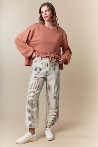 Hey Sweetie Women's Multi Pin Stripe Washed Twill Jeans – Patchwork Denim Barren Fit Vintage-Inspired Relaxed High Rise Pants4