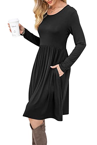 Image of DB MOON Women Casual Long Sleeve Dresses Empire Waist Knee Length Loose Dress with Pockets