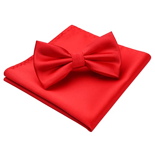Image of HISDERN Bow Ties for Men Solid Color Pre-Tie Bow Tie and Pocket Square Set Classic Formal Tuxedo Bowties for Wedding Party
