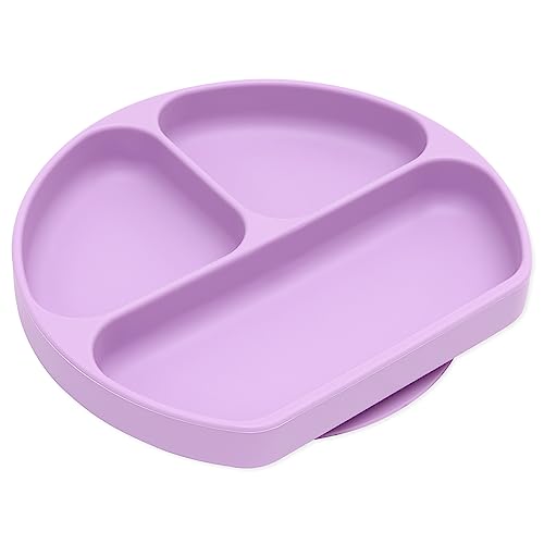 Bumkins Toddler and Baby Suction Plate, Silicone Divided Grip Dish, Babies and Kids, Baby Led Weaning, Children Feeding Supplies, Non Skid Sticky Bottom, Platinum Silicone, Ages 6 Months Up, Lavender