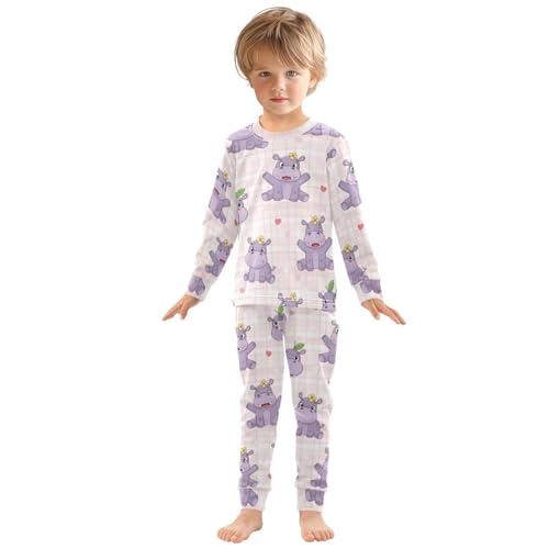 Pajama Sets Long Sleeve Cute Hippo Pattern Design Soft Comfy Sleepwear 2 Piece PJS 3-8T2