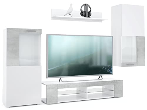 Vladon Wohnwand Movie, Anbauwand bestehend aus 1 TV-Board, 2 Vitrinen und 1 Regal, Weiß matt/Weiß matt/Beton Oxid-Optik (Gesamt: 300 x 190 x 39 cm) – Bild 3