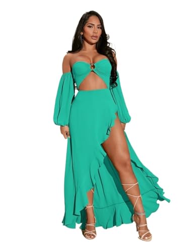 Long Dresses for Women Long Sleeve Off Shoulder Cutout Ruffle Trim Slit Thigh Dress