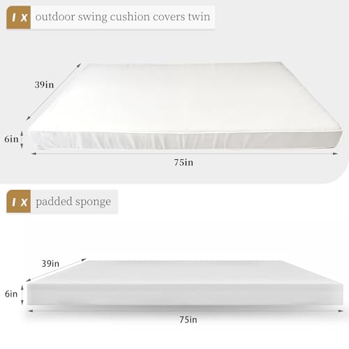 Image of Twin Size Porch Swing Day Bed Cushion Set Include Mattress with Cover,Patio Hanging Daybed Indoor Cushions Set (White, 75 * 39 * 6in)