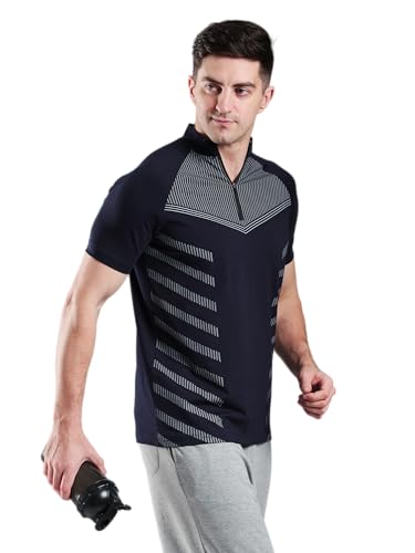 Image of GROW Stylish Aeroflex Zip T Shirt for Men Workout | Cotton and Spandex Quarter Zip Back Printed Collar T-Shirts for Men Half Sleeves
