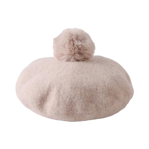 Child Size Berets Hat with Big Pompom, Classic French Artist Hat for Children, Kids, Solid Color