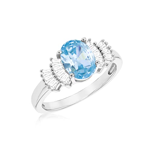 Bague en argent sterling avec CZ ovale bleu clair 14x8mm et pierres blanches taille Q