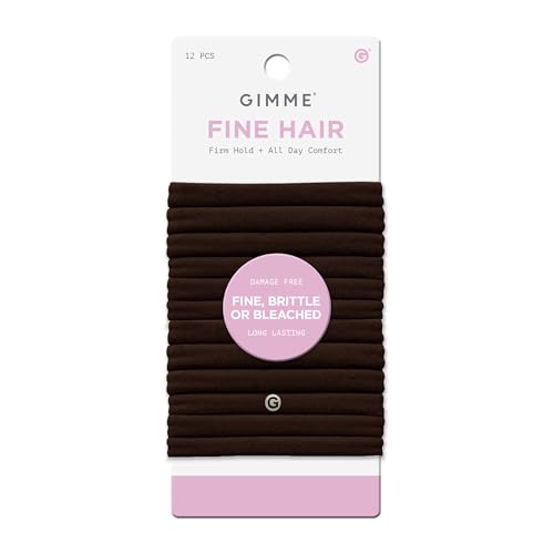 Gimme Beauty Fine Hair Elastic Bands - Slim-Fit Elastic Ties for Fine, Brittle, or Bleached Hair - No-Dent, Gentle-Grip Ponytail Holders for All-Day Comfort - 12 Pack, Dark Brown