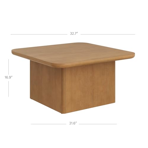 Image of Nathan James Rein Organic Modern Coffee Table, Rustic Wood Square Coffee Table with Rounded Edge, Pedestal Coffee Table for Living Room, Light Brown