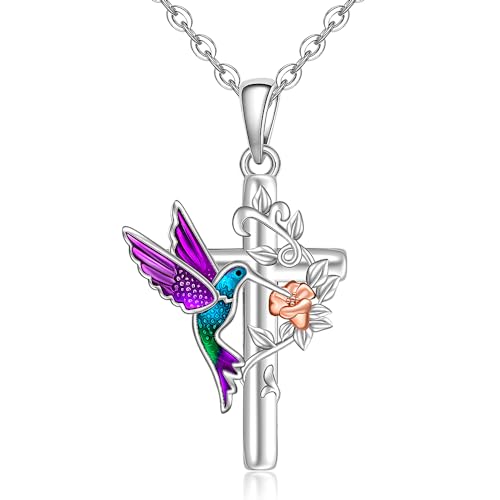 Fenthring Hummingbird Necklace for Women Hummingbird Pendant Necklace Cross Sterling Silver Blue Purple Flower Memorial Jewelry