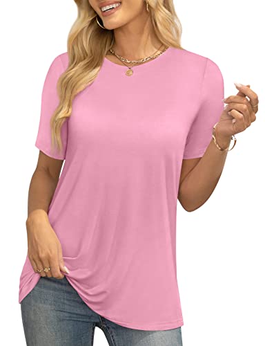 Longyuan Womens Short Sleeve Tunic Casual Tshirt Tops Basic Loose Fit Blouse Pink,Large #TOP2