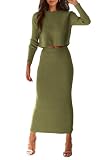 Picture of PRETTYGARDEN Women's Spring Fall 2 Piece Sweater Set Rib Knit Long Sleeve Crop Top Maxi Bodycon Skirt Casual Winter Outfits (Army Green,Large)