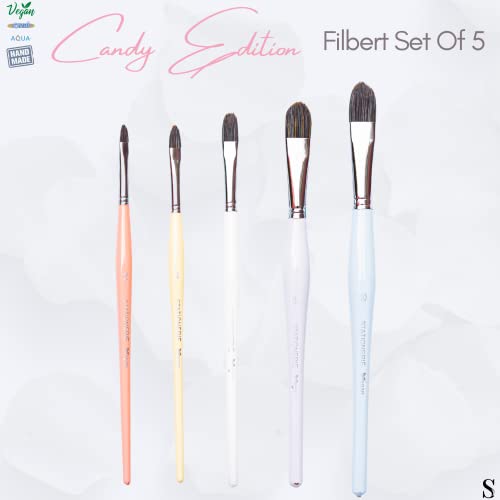 Image of Stationerie Paint Brush Set Handmade Soft Aqua Long Synthetic Hair with Stainless Wire Ideal for Art Paint, Watercolor, Quill, Oil Acrylics, Artists Filbert Brush Set of 5(Candy Edition)