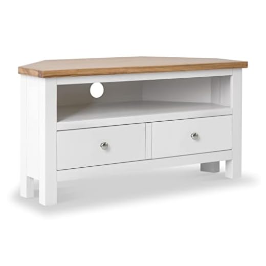 RoselandFurniture Farrow White Corner TV Stand Unit 90 cm Painted Solid Wood Light Oak Top Television Cabinet Suitable for TVs up to 40 inches for Living Room or Bedroom | Fully Assembled