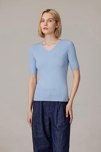 JENNIE LIU Women's Merino Wool Lurex Sweater | Shimmer V-Neck Short Sleeve Ultra Soft Machine Washable Pullover for Women4
