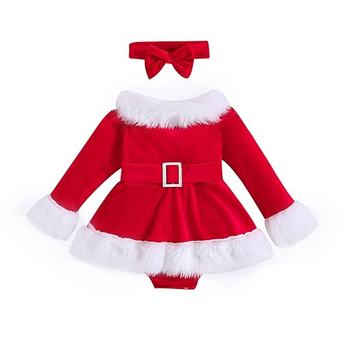 Yccutest Newborn Baby Girls Christmas Romper Dress Fur Trim Mesh Skirts Bodysuits Velvet Xmas Outfits Winter Clothes
