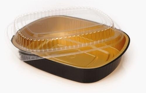 Handi-Foil 3 lb. Oblong Black & Gold Aluminum Take-Out Pan w/Clear Dome Lid (Pack of 50)