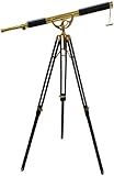 Telescopio náutico vintage de latón brillante, trípode de madera, acabado dorado y negro, decoración del hogar