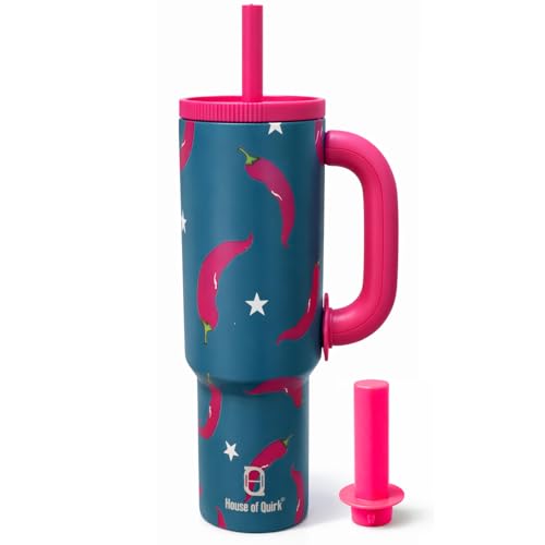 Image of House of Quirk 1200ml Stainless Steel Tumbler with Handle, Straw & Straw Cap | Leakproof Water Bottle | Large Capacity Travel Mug (Chili Twist)