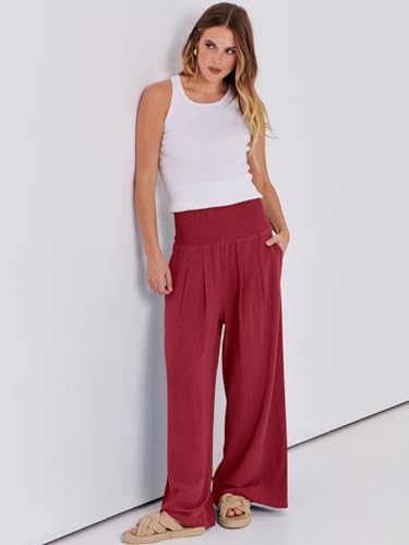 Image of ANRABESS Women Linen Palazzo Pants Summer Boho Wide Leg High Waist Casual Lounge Pant 2026 Beach Travel Vacation Outfits