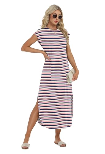 Image of HiMONE Beach Vacation Dresses for Women 2025 Sundress Cap Sleeves Casual Maxi Beach Dress with Pockets XS-2XL