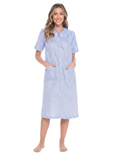 Image of Casual Nights Women's Snap - Front House Dress Short Sleeve Woven Housecoat Duster Lounger Robe with Pockets