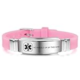 MOWOM Medical Bracelet Custom Engraved Silicone Adjustable Sport ID Identification Alert Stainless Steel - Bundle with Emergency Card, holder (Pink, No Needle Or Bp This Arm)