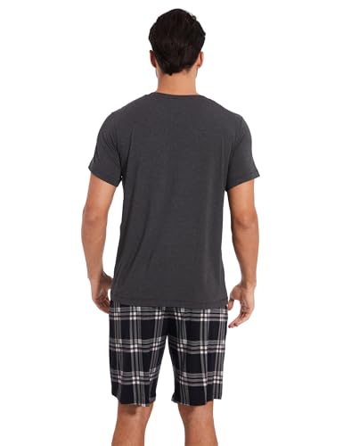 GYS Bamboo Viscose Mens Summer Pajamas Set Short Sleeve Plaid Pjs Shorts Set2