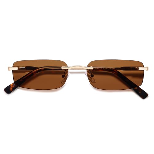 SOJOS Trendy Small Square Sunglasses Womens Retro Rimless Sun Glasses Vintage Narrow Shades SJ1280 Gold/Brown Lens