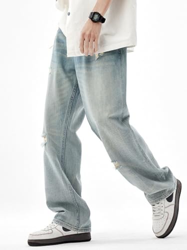 Jeans Pants Trousers Denim Summer High Street Ripped Men's Loose and Comfortable Straight Through Casual2