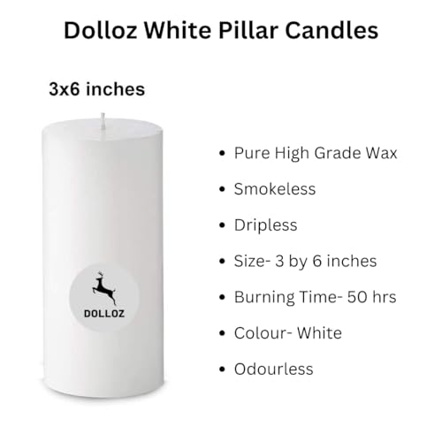 Image of Paraffin Wax Pillar Candle | Dripless | Smokeless | Unscented | Burning time- 60 hrs | Hand Poured | Christmas Candle (Set of 2, 3 X 6 Inch, White)