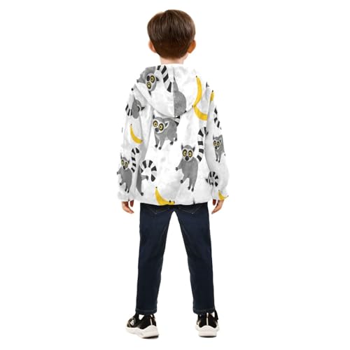 Lemur and Banana Pattern Print Toddler Fleece Jacket Girl Boys Hooded Fleece Jacket Coat Warm Outwear Zip-up 3-10T4