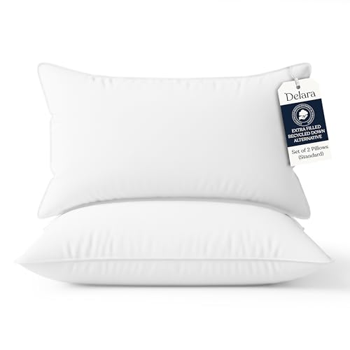 Delara Bed Pillows Set of 2 GOTS Certified Organic Cotton Sateen Shell, Down Alternative Fill, Hypoallergenic, Cooling & Breathable, GOTS + Oeko-TEX + GRS, Eco-Friendly, Standard 20'x28'