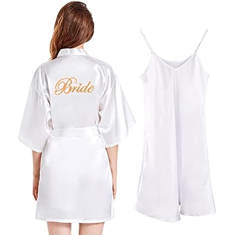 BOFUNX Albornoces de Satén de Verano Pijama Bata Novia con Manga y Cinturón+Camisón Vestido Mujer 2 Piezas Cover