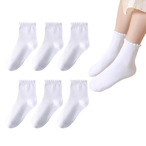 Girls White Ruffle Crew Socks for Little Kids Seamless Cotton Cute Princess School Uniform Socks 6 Pack 1-12Y