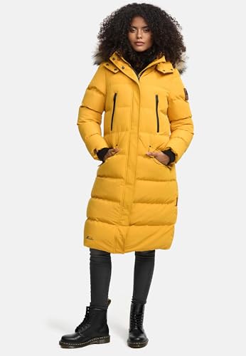 MARIKOO lange Damen Winterjacke warmer Parka gesteppt mit Kapuze B890 [B890-Schneestern-A-Yellow-Gr.M]