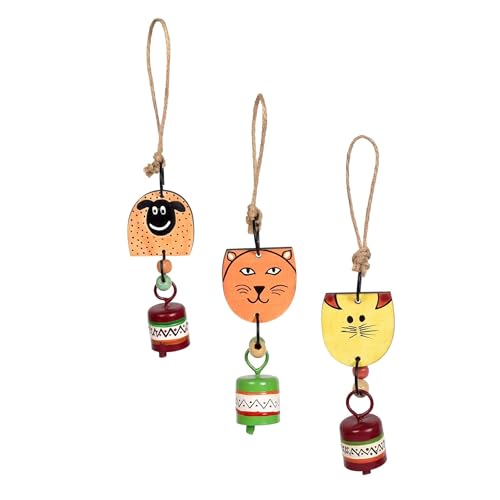 Image of Aakriti Art Creations Zuki Trio Wooden Animal Hanging Bells Set of 3 | Handmade Modern Art Wooden & Metal Wind Chimes | Indoor & Outdoor Hanging for Balcony, Garden, Living Room & Gifting