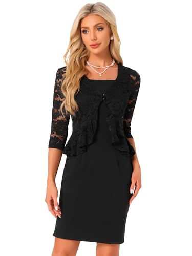 Allegra K 2 Pieces Outfits for Women's Mother of Bride Formal Sleeveless Dress Lace Shrug Sets