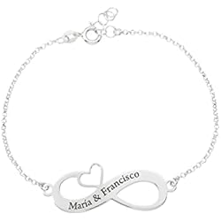 PlataJewels-Pulsera Infinito Mujer Plata de Ley 925 Personalizada con Nombres y Corazón. Graba Nombres de Parejas, Hijos, Nietos. Regalos Originales para Mujer, Novia, Madre, Abuela, Pareja.