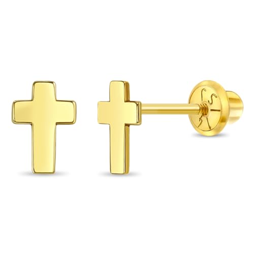 14k Yellow Gold Tiny Classic Cross Screw Back Earrings for Toddlers & Little Girls - Dainty Cross Earrings with Safety Screw Back for Children - Small Religious Stud Earrings for Babies & Toddler