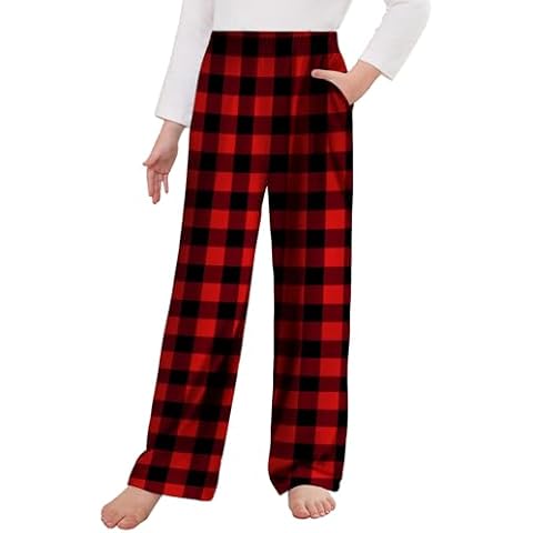 Arshiner Pajama Pants for Girls Long Sleep Plaid Pants Soft Lounge Pj Bottoms with Pockets Plaid-Red Black 12-13 Years Cover